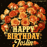 Animated bouquet of orange roses with moving butterfles and golden 'Happy Birthday Joslin' text, surrounded by sparkling accents and a dark backdrop for a luxurious feel.
