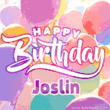 A vibrant name GIF featuring colorful balloons in shades of pink, orange, and yellow with the bold text 'Happy Birthday Joslin' in festive fonts, creating a lively birthday vibe.