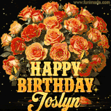 Animated bouquet of orange roses with moving butterfles and golden 'Happy Birthday Joslyn' text, surrounded by sparkling accents and a dark backdrop for a luxurious feel.
