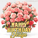 Golden 'Happy Birthday Joslyn' text beneath a vibrant bouquet of orange roses, complete with glittering butterflies and sparkling details.