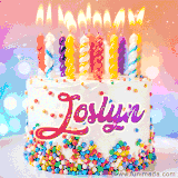 A cheerful white birthday cake with multicolor sprinkles, lit candles, and 'Joslyn' written in vibrant letters, in an animated GIF.