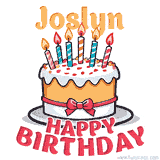 Cartoon birthday cake with a red bow, glowing candles, and 'Joslyn Happy Birthday' text in bold animated style.