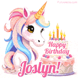 An adorable animated unicorn with soft pastel colors sits beside a birthday cake with glowing candles, and a pink 'Happy Birthday Joslyn!' words.