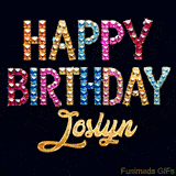 Vibrant luxury birthday greeting card for Joslyn, showing glittering gemstone letters and golden calligraphy on a dark background with twinkling shine effects.