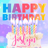 A vibrant animated name GIF with the words 'Happy Birthday Joslyn' with colorful candles on a creamy cake. The background sparkles with pastel shades, adding a festive touch.