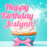 A festive cupcake with pink icing, a gingham bow, and a lit animated sparkler, paired with 'Happy Birthday Joslynn!' in bright pink text.