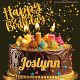 A delightful chocolate birthday cake with bright candles and 'Happy Birthday Joslynn' written in gold amidst a shower of animated stars.