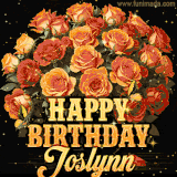 Animated bouquet of orange roses with moving butterfles and golden 'Happy Birthday Joslynn' text, surrounded by sparkling accents and a dark backdrop for a luxurious feel.