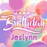 A vibrant name GIF featuring colorful balloons in shades of pink, orange, and yellow with the bold text 'Happy Birthday Joslynn' in festive fonts, creating a lively birthday vibe.