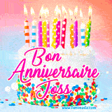 A white birthday cake covered in colorful sprinkles, topped with bright candles, and French text 'Bon Anniversaire Joss' on a pastel gradient background in an animated GIF.