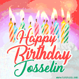 Bright birthday candles with rainbow flames on a cake, alongside the text 'Happy Birthday Josselin' in vibrant script in this celebratory animated GIF.