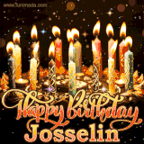A glowing personalized birthday GIF with name Josselin featuring lit candles with intricate designs, warm lighting, and the text 'Happy Birthday' in an elegant font.