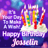 A colorful birthday GIF for Josselin featuring a cupcake with vibrant lit candles and the text 'It's Your Day to Make a Wish! Happy Birthday Josselin' in bold letters on a festive purple background.