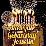 A chocolate birthday cake with glowing candles, the German text 'Alles Gute zum Geburtstag Josselin,' and vibrant fireworks lighting up the background in an animated GIF.