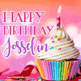 A vibrant birthday GIF featuring a rainbow-colored cupcake topped with white frosting, sprinkles, and a lit candle. The text reads 'Happy Birthday Josselin' in bold pink and violet letters with white outline.