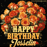 Animated bouquet of orange roses with moving butterfles and golden 'Happy Birthday Josselin' text, surrounded by sparkling accents and a dark backdrop for a luxurious feel.