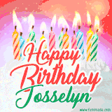 Bright birthday candles with rainbow flames on a cake, alongside the text 'Happy Birthday Josselyn' in vibrant script in this celebratory animated GIF.