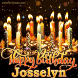 A glowing personalized birthday GIF with name Josselyn featuring lit candles with intricate designs, warm lighting, and the text 'Happy Birthday' in an elegant font.