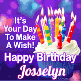 A colorful birthday GIF for Josselyn featuring a cupcake with vibrant lit candles and the text 'It's Your Day to Make a Wish! Happy Birthday Josselyn' in bold letters on a festive purple background.