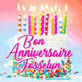 A white birthday cake covered in colorful sprinkles, topped with bright candles, and French text 'Bon Anniversaire Josselyn' on a pastel gradient background in an animated GIF.