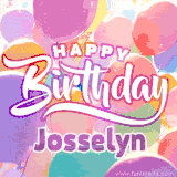 A vibrant name GIF featuring colorful balloons in shades of pink, orange, and yellow with the bold text 'Happy Birthday Josselyn' in festive fonts, creating a lively birthday vibe.