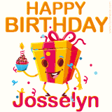 A vibrant and funny gift box character with a happy face dancing with a cupcake and the text 'Happy Birthday Josselyn,' surrounded by animated confetti and party vibes.