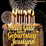 A chocolate birthday cake with glowing candles, the German text 'Alles Gute zum Geburtstag Josslynn,' and vibrant fireworks lighting up the background in an animated GIF.