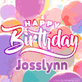 A vibrant name GIF featuring colorful balloons in shades of pink, orange, and yellow with the bold text 'Happy Birthday Josslynn' in festive fonts, creating a lively birthday vibe.