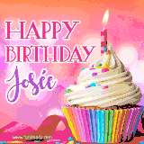 A vibrant birthday GIF featuring a rainbow-colored cupcake topped with white frosting, sprinkles, and a lit candle. The text reads 'Happy Birthday Josée' in bold pink and violet letters with white outline.