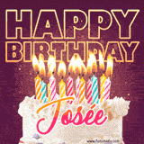 A colorful birthday cake topped with lit candles, with the words 'Happy Birthday Josée' in bold glowing letters on a burgundy background. Animated flames add a festive touch.