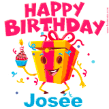 A vibrant and funny gift box character with a happy face dancing with a cupcake and the text 'Happy Birthday Josée,' surrounded by animated confetti and party vibes.