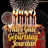 A chocolate birthday cake with glowing candles, the German text 'Alles Gute zum Geburtstag Jourdan,' and vibrant fireworks lighting up the background in an animated GIF.