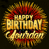 Golden 'Happy Birthday Jourdan' text accompanied by animated rainbow fireworks for a festive animated greeting.