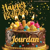 A delightful chocolate birthday cake with bright candles and 'Happy Birthday Jourdan' written in gold amidst a shower of animated stars.