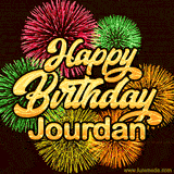 Golden text reading 'Happy Birthday Jourdan' surrounded by vibrant fireworks in red, green, and yellow, set against a dark background in this celebratory birthday GIF.