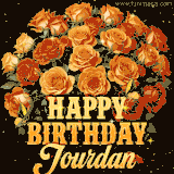 Animated bouquet of orange roses with moving butterfles and golden 'Happy Birthday Jourdan' text, surrounded by sparkling accents and a dark backdrop for a luxurious feel.