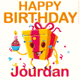 A vibrant and funny gift box character with a happy face dancing with a cupcake and the text 'Happy Birthday Jourdan,' surrounded by animated confetti and party vibes.