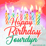 Bright birthday candles with rainbow flames on a cake, alongside the text 'Happy Birthday Jourdyn' in vibrant script in this celebratory animated GIF.