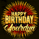 Golden 'Happy Birthday Jourdyn' text accompanied by animated rainbow fireworks for a festive animated greeting.