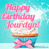A festive cupcake with pink icing, a gingham bow, and a lit animated sparkler, paired with 'Happy Birthday Jourdyn!' in bright pink text.