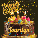 A delightful chocolate birthday cake with bright candles and 'Happy Birthday Jourdyn' written in gold amidst a shower of animated stars.