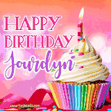 A vibrant birthday GIF featuring a rainbow-colored cupcake topped with white frosting, sprinkles, and a lit candle. The text reads 'Happy Birthday Jourdyn' in bold pink and violet letters with white outline.