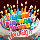 A colorful birthday cake topped with lit candles, with the words 'Happy Birthday Jourdyn' in bold glowing letters on a burgundy background. Animated flames add a festive touch.