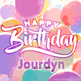 A vibrant name GIF featuring colorful balloons in shades of pink, orange, and yellow with the bold text 'Happy Birthday Jourdyn' in festive fonts, creating a lively birthday vibe.