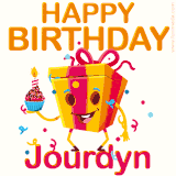 A vibrant and funny gift box character with a happy face dancing with a cupcake and the text 'Happy Birthday Jourdyn,' surrounded by animated confetti and party vibes.