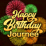 Golden text reading 'Happy Birthday Journee' surrounded by vibrant fireworks in red, green, and yellow, set against a dark background in this celebratory birthday GIF.