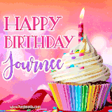 A vibrant birthday GIF featuring a rainbow-colored cupcake topped with white frosting, sprinkles, and a lit candle. The text reads 'Happy Birthday Journee' in bold pink and violet letters with white outline.