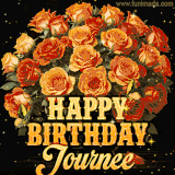 Animated bouquet of orange roses with moving butterfles and golden 'Happy Birthday Journee' text, surrounded by sparkling accents and a dark backdrop for a luxurious feel.