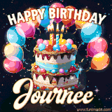 Bright birthday animation for Journee with a chocolate cake, candles, balloons, and glowing celebratory lights.