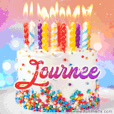 A cheerful white birthday cake with multicolor sprinkles, lit candles, and 'Journee' written in vibrant letters, in an animated GIF.